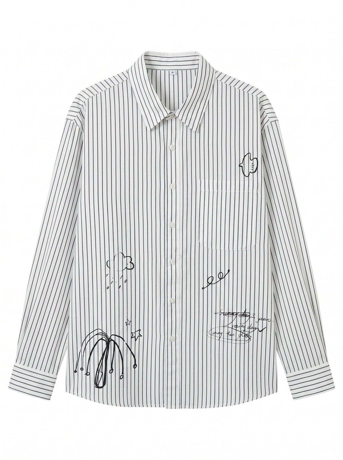 Women's oversized shirt blouse made of cotton blend with pinstripes, chest pocket, and doodle print EVA-US