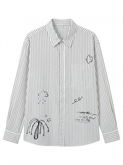 Women's oversized shirt blouse made of cotton blend with pinstripes, chest pocket, and doodle print EVA-US