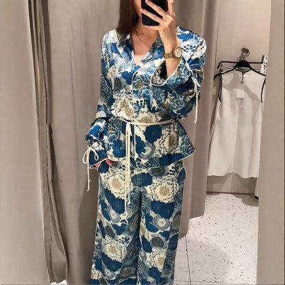 Women Two-Piece Floral Jacquard Loungewear Set with Waist Belt, Piping and Tied Sleeves EVA-US