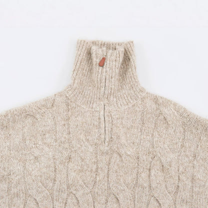Women's Chunky Knit Long Sweater with Cable Pattern and Half-High Zip Collar EVA-US
