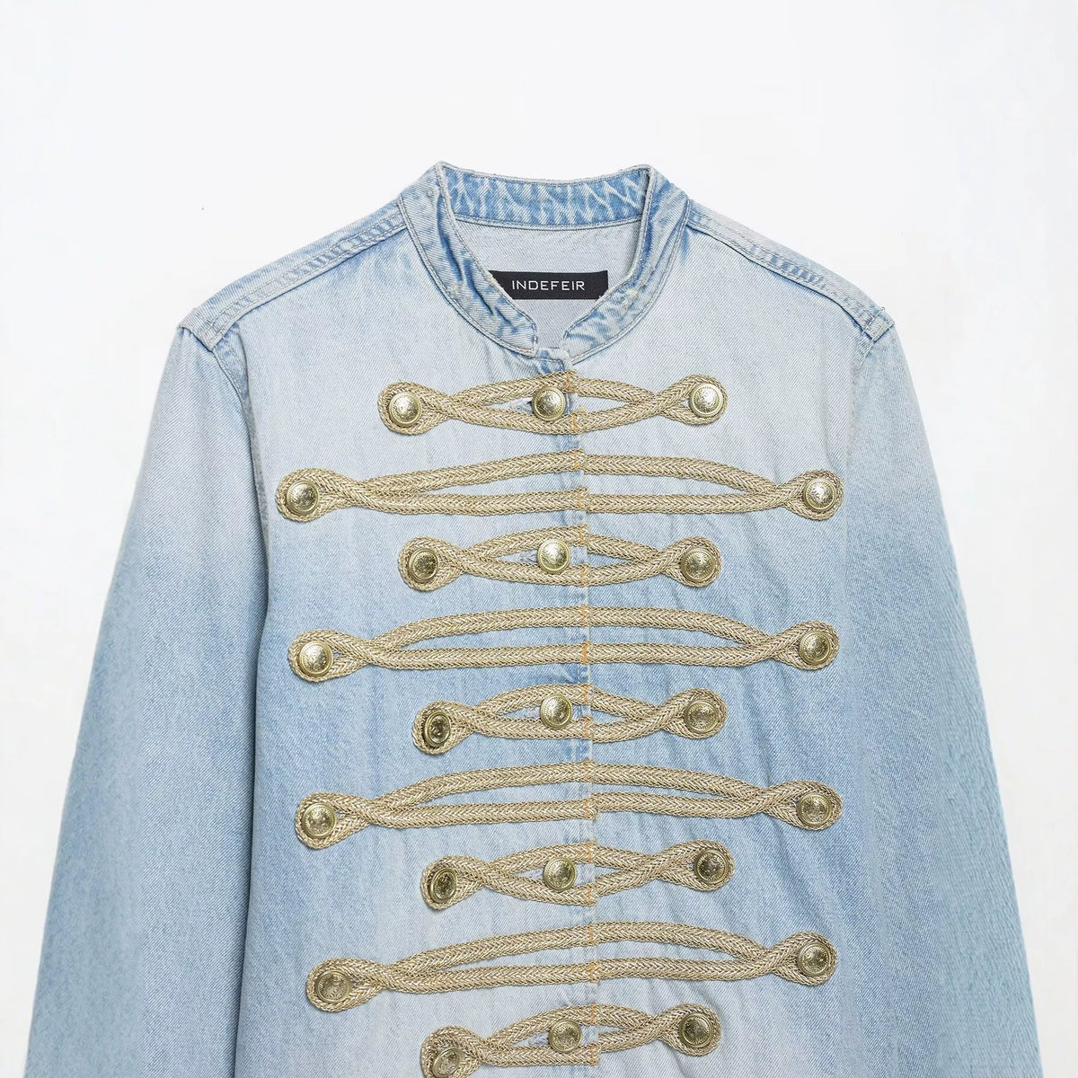 Women's short denim jacket in military style with cord appliqué and mandarin collar EVA-US