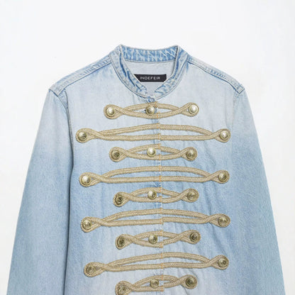 Women's short denim jacket in military style with cord appliqué and mandarin collar EVA-US