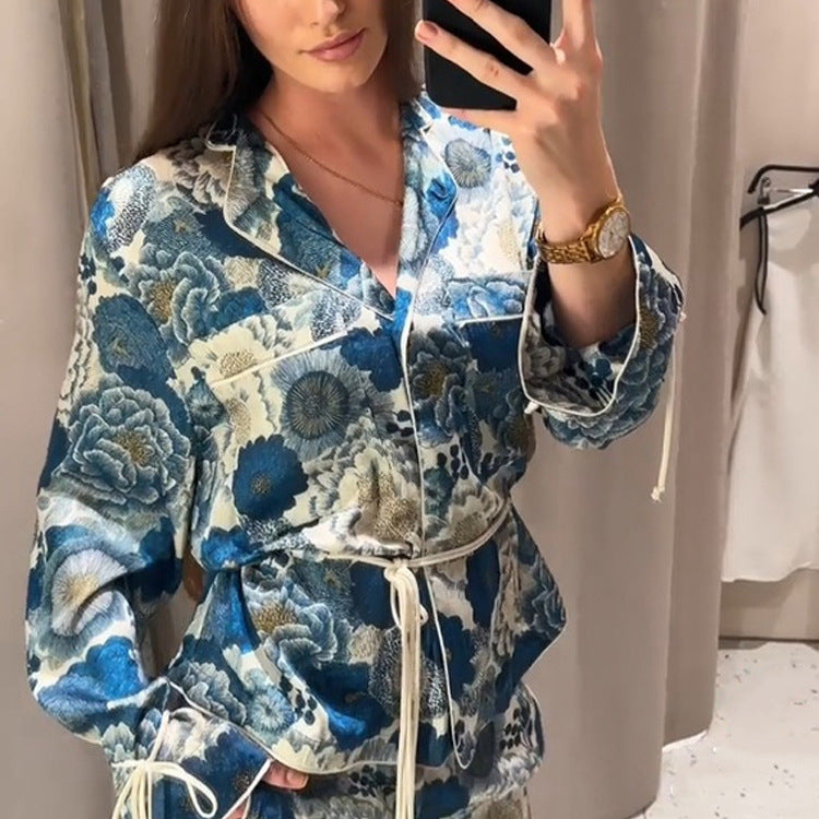Women Two-Piece Floral Jacquard Loungewear Set with Waist Belt, Piping and Tied Sleeves EVA-US
