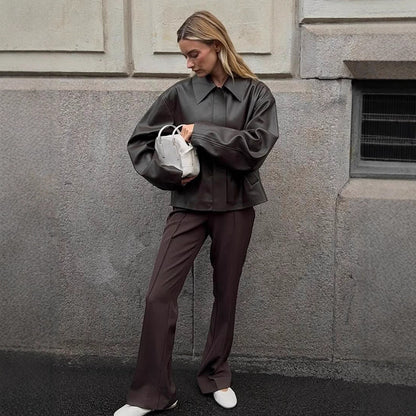 Ladies Cropped Boxy Jacket made of faux leather with oversized collar and concealed zipper placket EVA-US