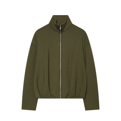 Women's Cropped Sweat Jacket with High Funnel Collar, Full Zip and Fitted Hem EVA-US