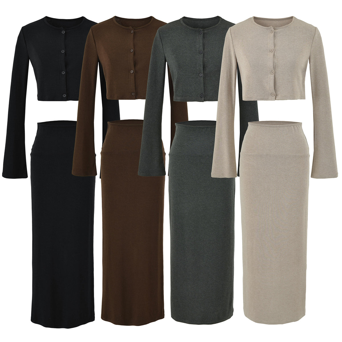 Ladies' cropped set made of fine knit with button cardigan and figure-hugging maxi skirt EVA-US