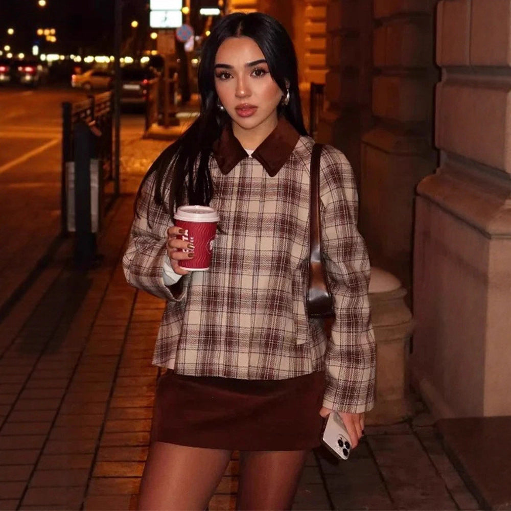 Women Boxy Check Transitional Blouse with Contrasting Shirt Collar EVA-US