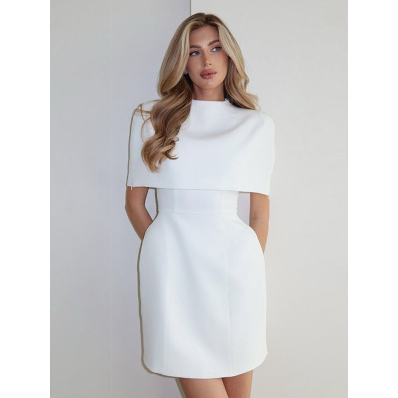 Women's cape mini dress with stand-up collar and tailored corset EVA-US