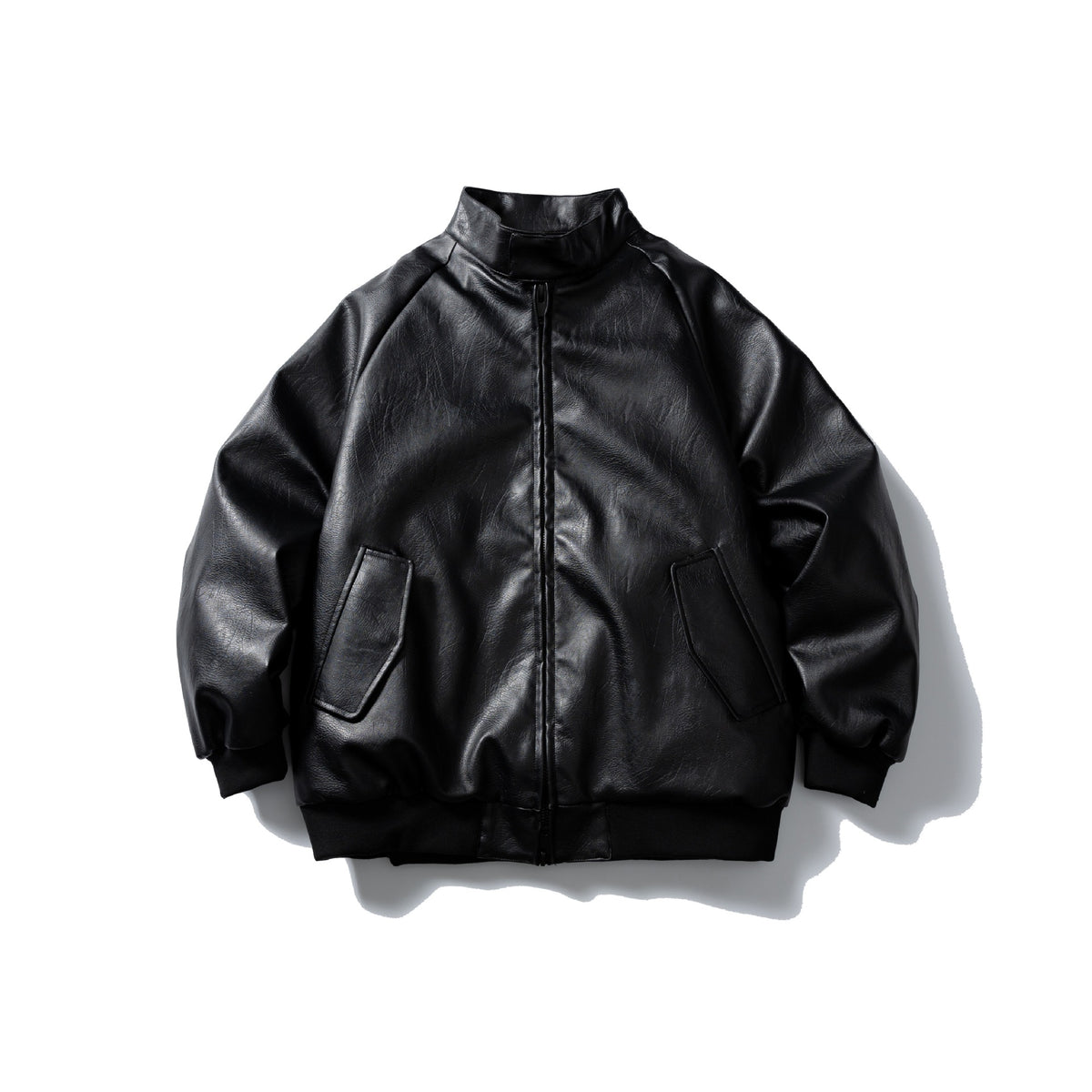 Men's short-cut faux leather bomber with stand-up collar and side pockets EVA-US