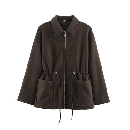 Women's short jacket made of wool blend with drawstring waist and patch pockets EVA-US