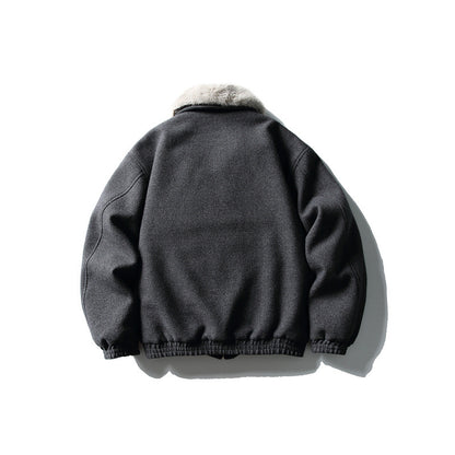 Men's Short Boxy Wool Blend Pilot Jacket with Faux Fur Collar and Elastic Hem EVA-US