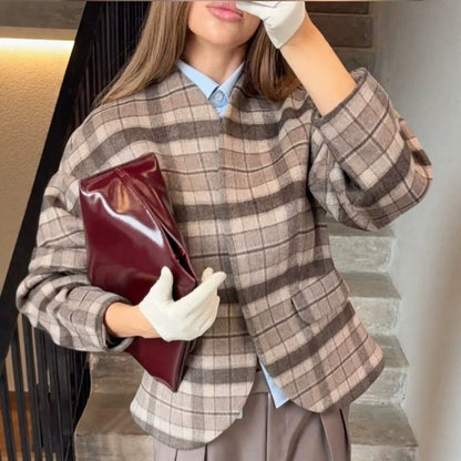 Women's Checked Boxy Blazer with Voluminous Balloon Sleeves EVA-US