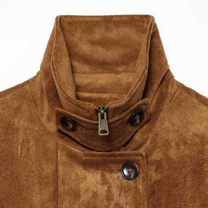 Women's short blouse jacket made of velour suede with button placket, concealed zipper, and elastic hem EVA-US