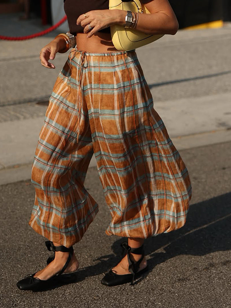 Women wide plaid harem pants with elastic waistband, drawstring & gathered ankle cuffs EVA-US