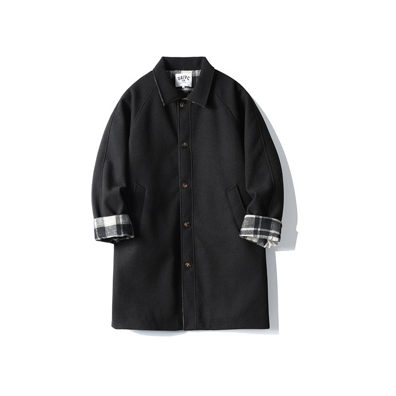 Men's Wool Blend Coat with Checked Lining, Raglan Sleeves and Classic Shirt Collar EVA-US