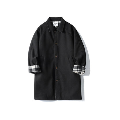 Men's Wool Blend Coat with Checked Lining, Raglan Sleeves and Classic Shirt Collar EVA-US