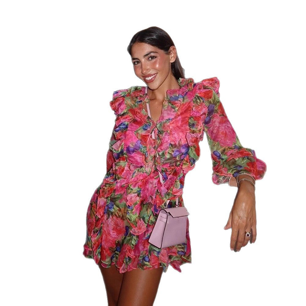 Women's Floral Chiffon Mini Dress with Lace-Up Corset, Ruffles and Flared Sleeves EVA-US