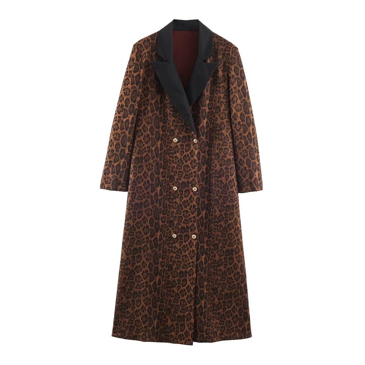 Women Double-Breasted Coat with Leopard Print and Satin Shawl Collar EVA-US
