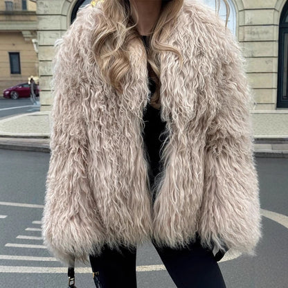 Women's short jacket made of voluminous lambskin imitation with curly structure EVA-US