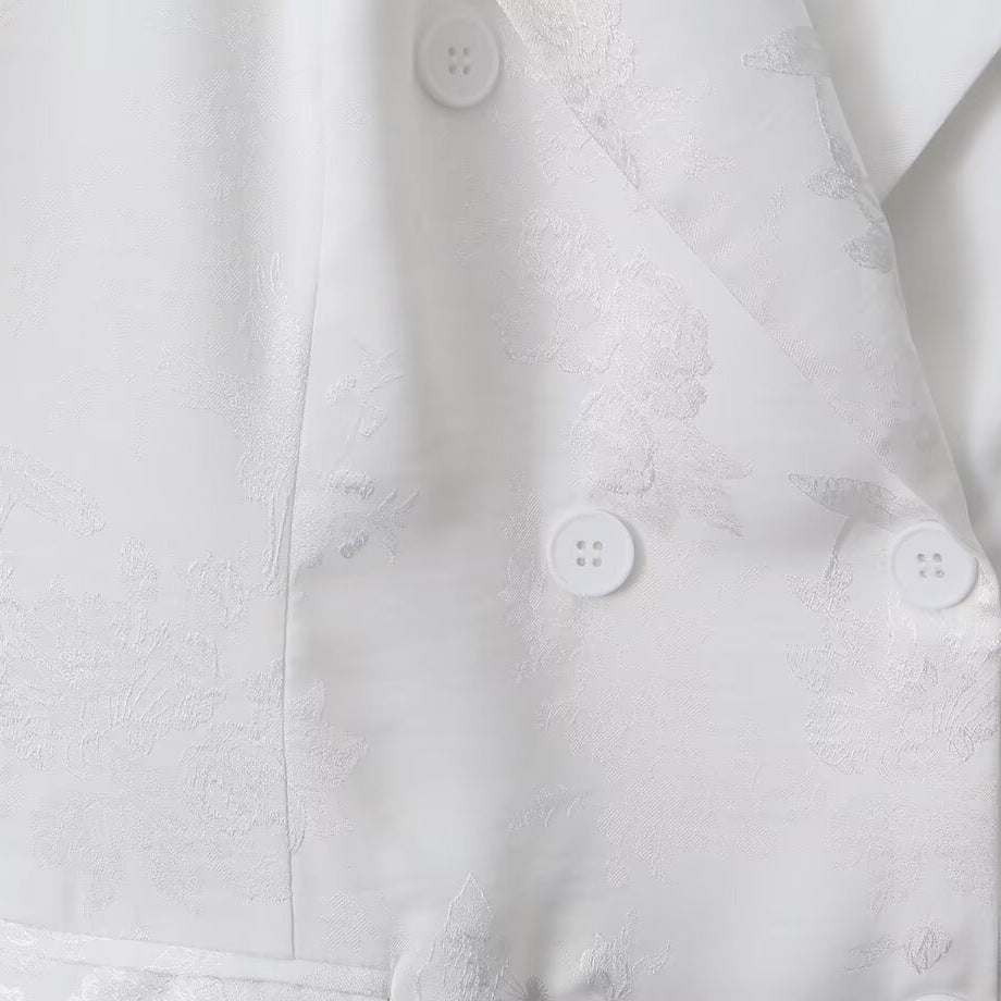 Women's Double-Breasted Satin Blazer with Floral Jacquard Pattern and Patch Pockets EVA-US