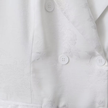 Women's Double-Breasted Satin Blazer with Floral Jacquard Pattern and Patch Pockets EVA-US