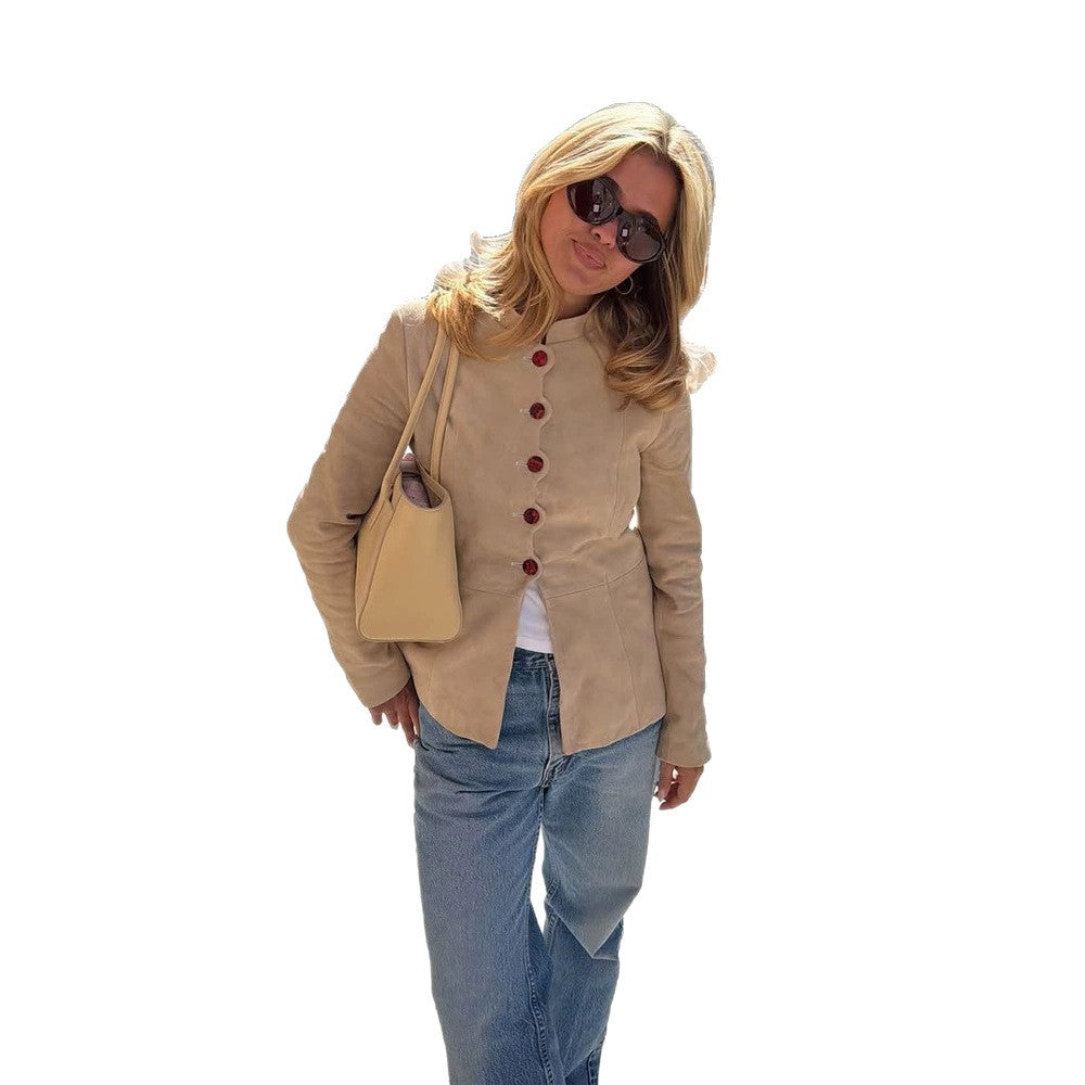 Women Tailored Suede Blazer with Stand Collar and Decorative Buttons EVA-US