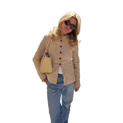 Women Tailored Suede Blazer with Stand Collar and Decorative Buttons EVA-US