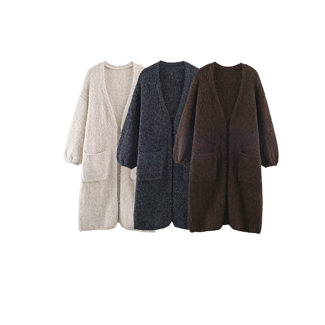 Women's Oversized Knit Coat with V-Neck, Cozy Boucle Look and Patch Pockets EVA-US