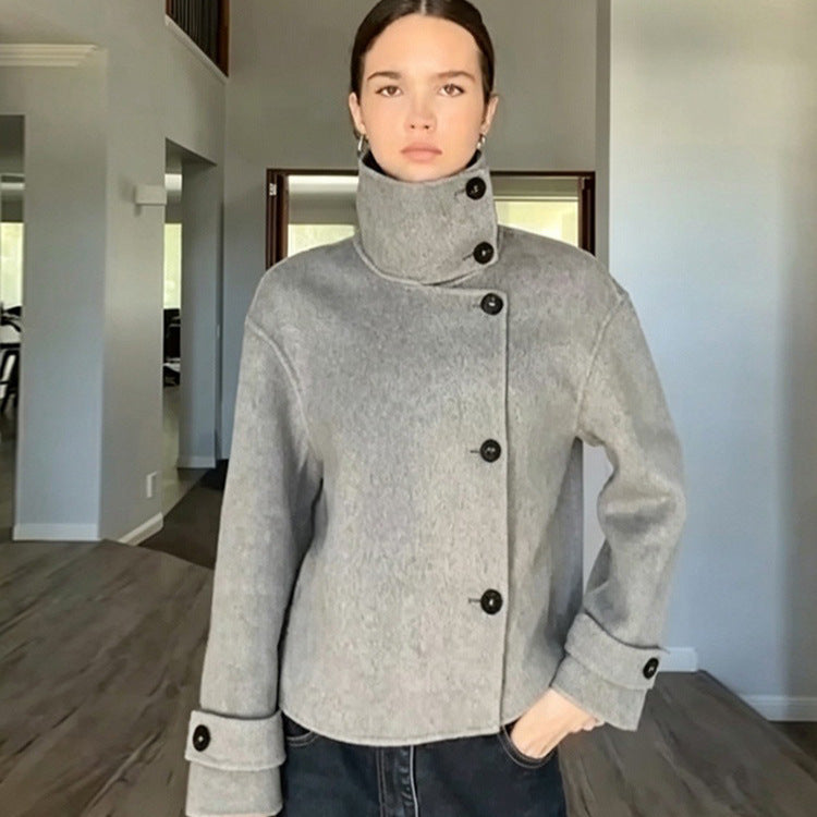 Women's Short Wool Blend Coat with Asymmetrical Button Placket and High Standing Collar EVA-US