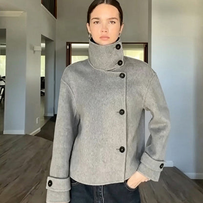 Women's Short Wool Blend Coat with Asymmetrical Button Placket and High Standing Collar EVA-US