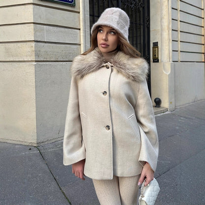 Women's short coat with faux fur shawl collar & boxy oversized silhouette EVA-US