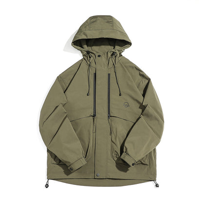 Unisex Technical Outdoor Jacket in Boxy Cut with Hood and Vertical Chest Zippers EVA-US