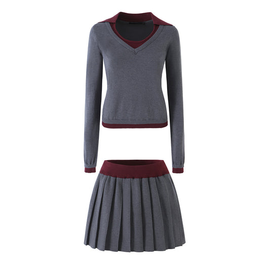 Women’s Two-Piece Fine Knit Set with V-Neck, Contrasting Collar and Pleated Mini Skirt EVA-US