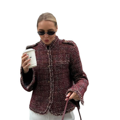 Women's Short Boucle Tweed Jacket with Fringe Trim and Decorative Buttons EVA-US