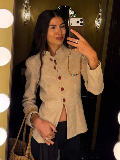 Women Tailored Suede Blazer with Stand Collar and Decorative Buttons EVA-US