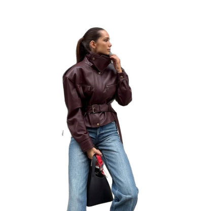 Women's tailored faux leather bomber jacket with high stand-up collar and tie belt EVA-US
