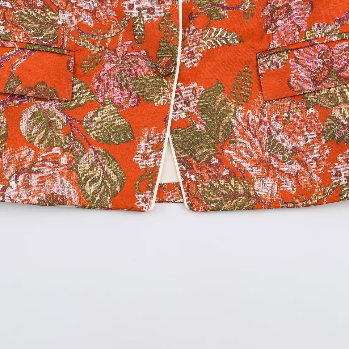 Women's short blazer in brocade jacquard with stand-up collar and piped edge EVA-US