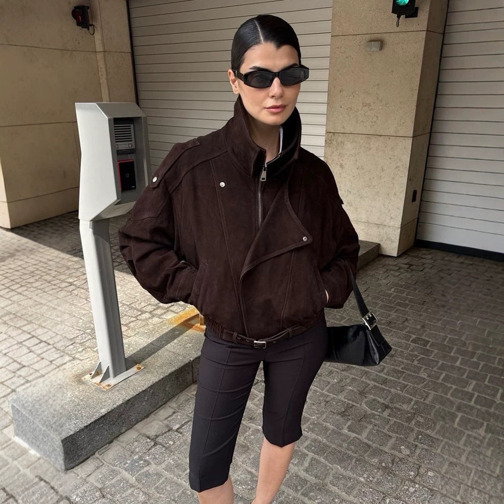 Women Short Velour Leather Bomber Jacket with High Stand-Up Collar and Waist Belt EVA-US