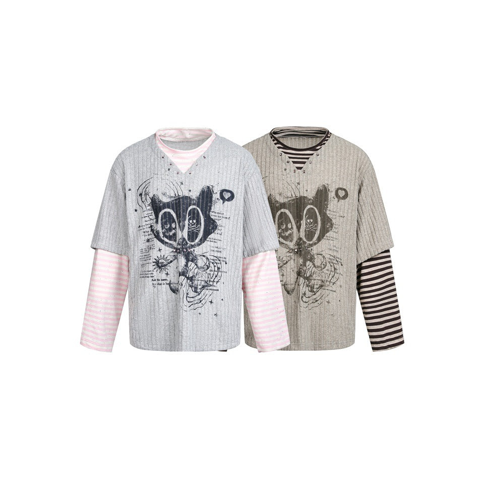 Women Layered Look Long Sleeve with Striped Sleeves and Graphic Statement Print EVA-US