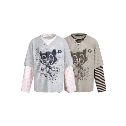 Women Layered Look Long Sleeve with Striped Sleeves and Graphic Statement Print EVA-US