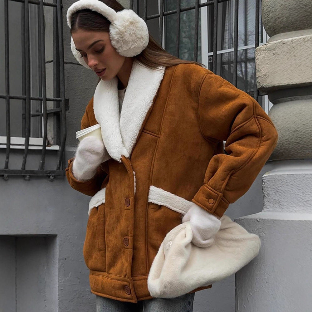 Women's Oversized Faux Shearling Jacket with Large Shawl Collar EVA-US