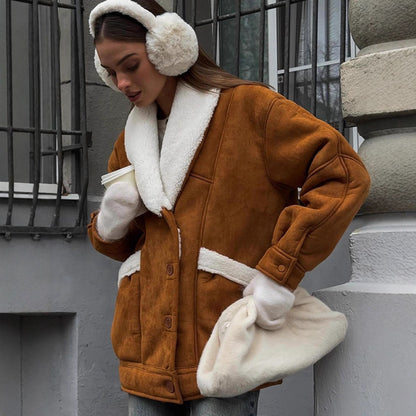 Women's Oversized Faux Shearling Jacket with Large Shawl Collar EVA-US