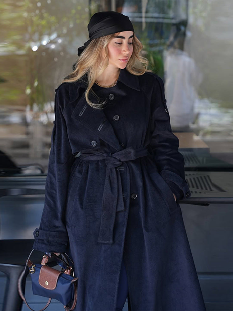 Women's longer cord trench coat with tie belt and oversized shoulders EVA-US