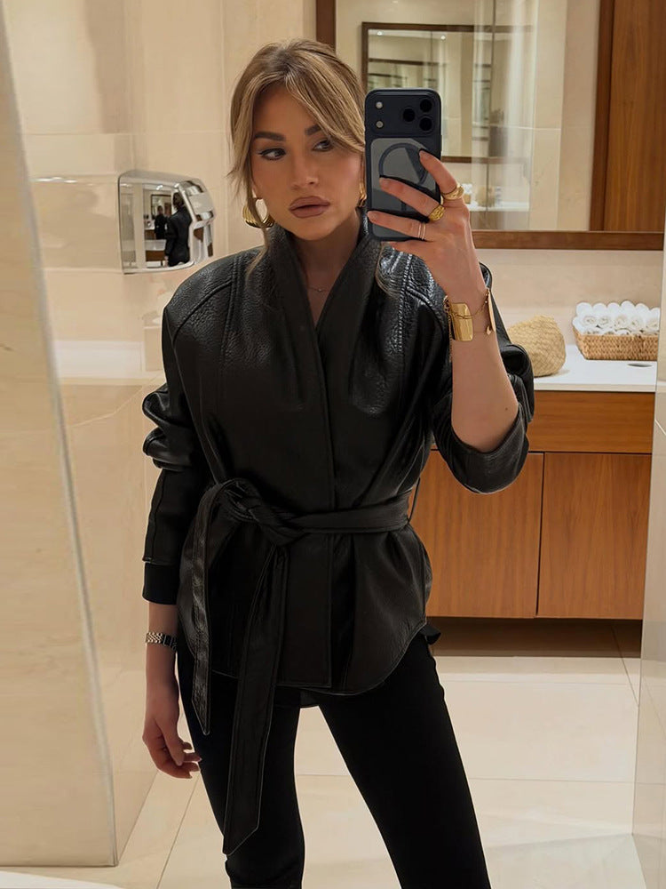 Women's Tailored Leather Jacket with Wrap Belt and Kimono Collar EVA-US
