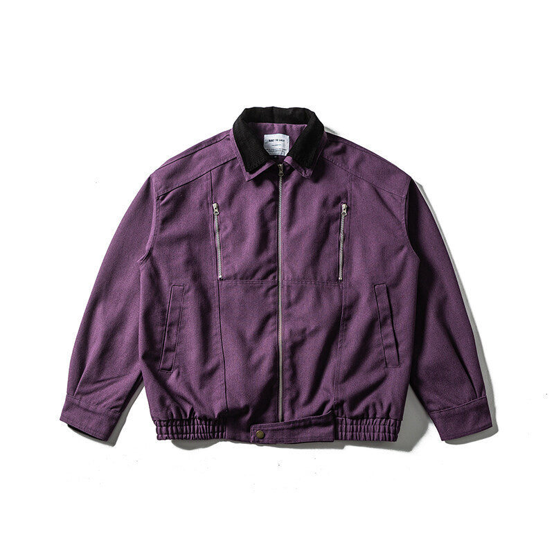 Men's Boxy Canvas Blouson Jacket with Cord Collar, Zipper Chest Pockets and Elastic Hem EVA-US
