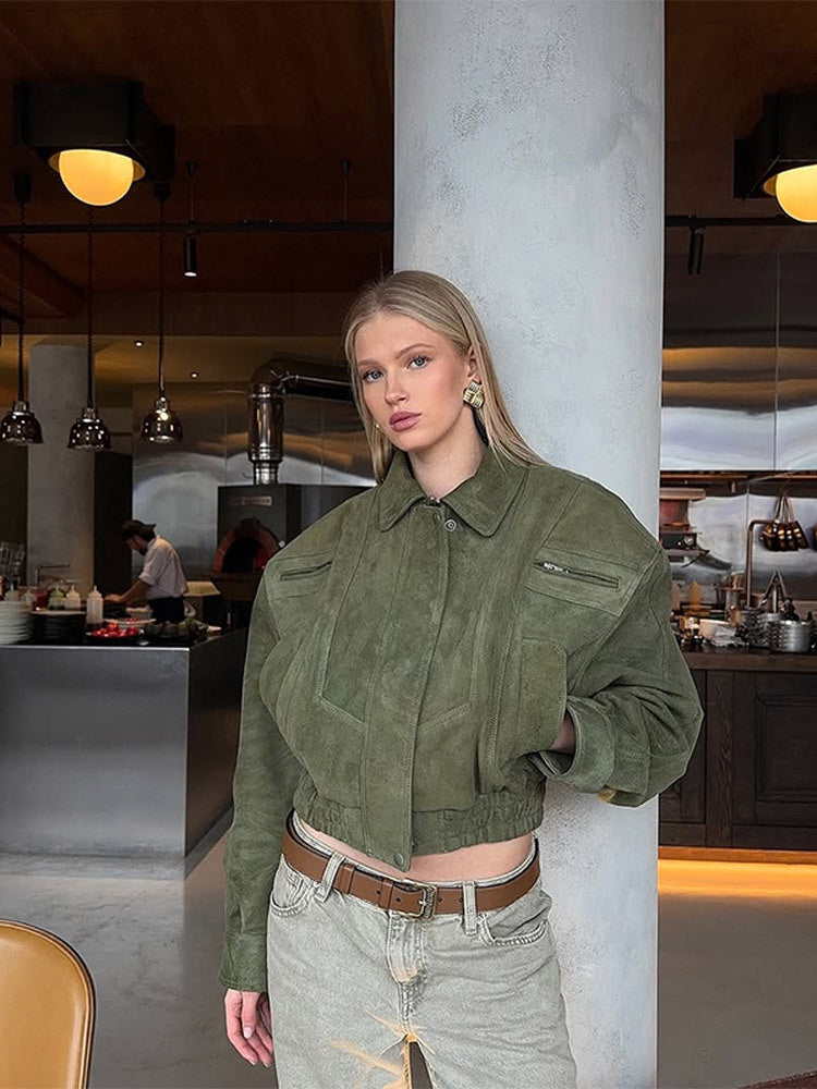 Women's Short Suede Bomber with Elastic Waist and Dropped Shoulder EVA-US