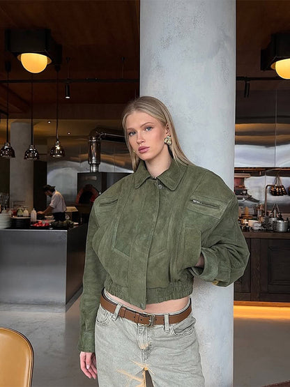 Women's Short Suede Bomber with Elastic Waist and Dropped Shoulder EVA-US
