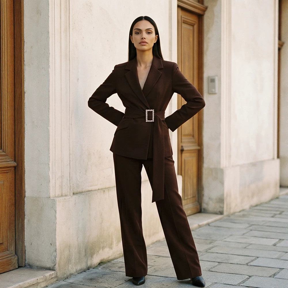 Ladies fitted wrap blazer with pearl belt buckle and slim suit trousers EVA-US