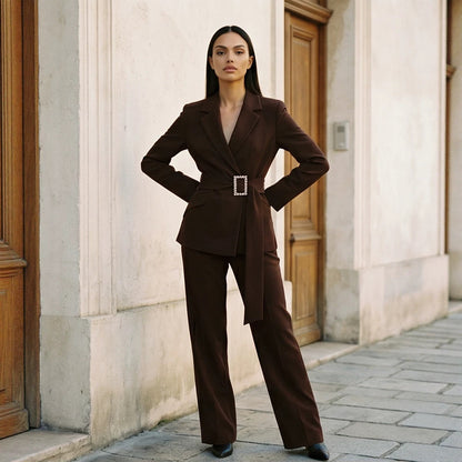 Ladies fitted wrap blazer with pearl belt buckle and slim suit trousers EVA-US