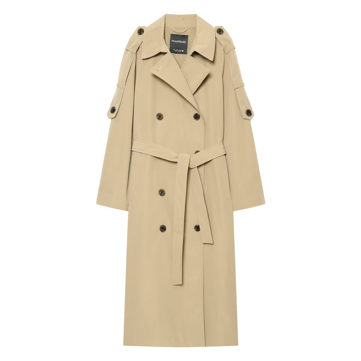 Women Double-breasted Trench Coat with Removable Cape Sleeves and Waist Belt EVA-US